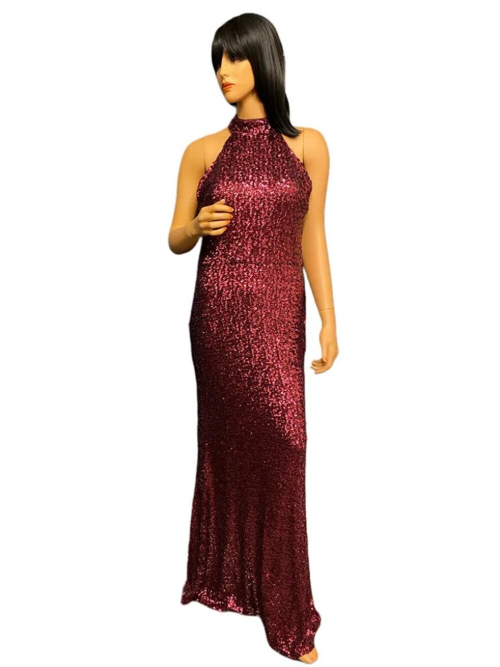 Aqua Burgundy Sequin Halter Neck Evening Gown